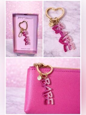 Betsey Johnson "Babe" bag charm, pink, white rhinestones and a gold-tone chain